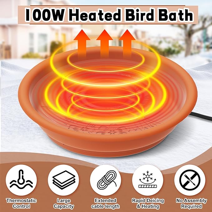Heated Bird Bath Bowl for Outside,100W Thermostatically Controlled Heated Birdbath Single Bowl Water Heated Bird Bath for Outdoor Winter Garden Patio Yard Lawn Deck(Brown)