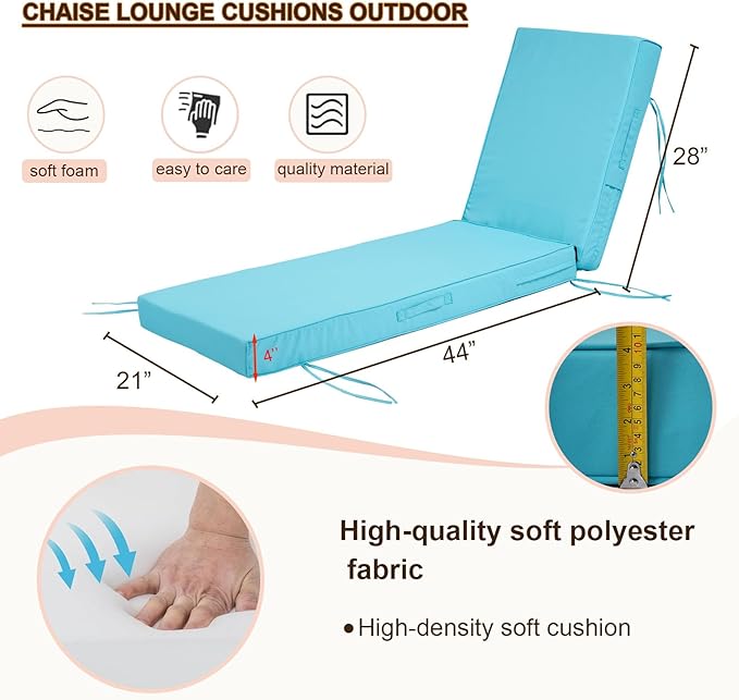 Chaise Lounge Cushions Outdoor Set of 2, Waterproof & Fade Resistant Patio Lounger Cushions, Replacement Sun Lounger Pads with Removable Cover for Pool, Deck, Lawn Furniture