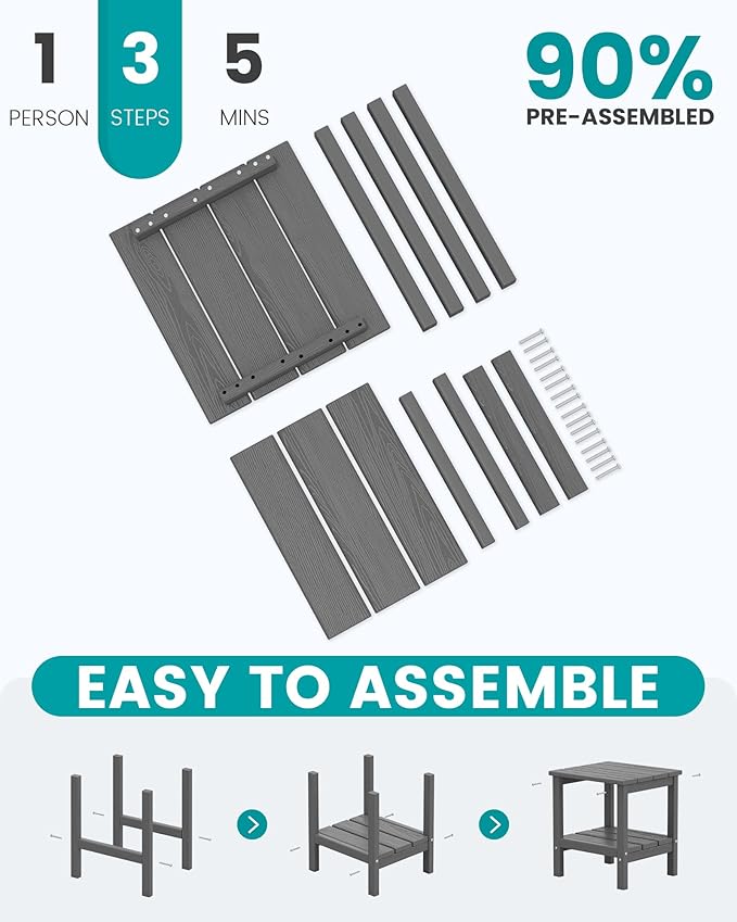 SERWALL 2-Tier HDPE Outdoor Side Tables Set of 2, Weatherproof Rectangular Adirondack Side Table, Gray