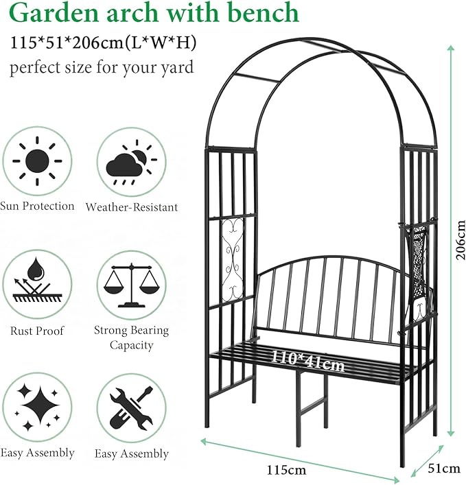 Garden Arch Heavy Duty Arbor with Bench Holds 660lbs | Metal Arbor Archway for Climbing Plant & Two People Seat Bench |Outdoor Lawn Backyard Decor, Black