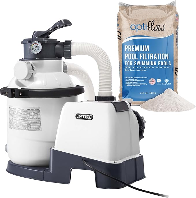 Intex 26643EG Krystal Clear 1500GPH Sand Filter Pump for Above Ground Pools Bundled with OptiFlow Premium Pure Silica Filter Sand, 50 lb Bag