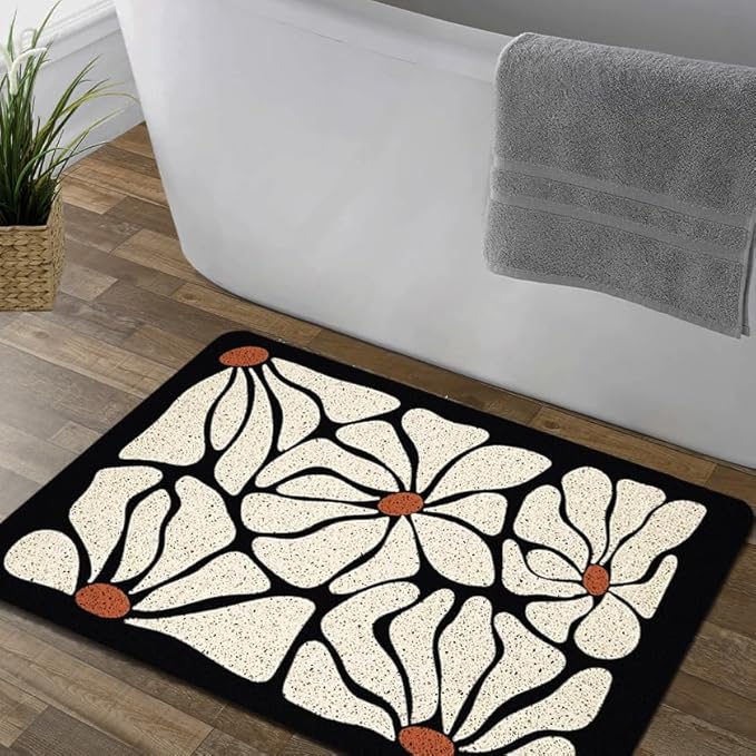 Boho Beige and Black Floral Door Mat - Bohemian Neutral Floral Front Door Welcome Mats Outdoor Entrance, 17x30 Rug