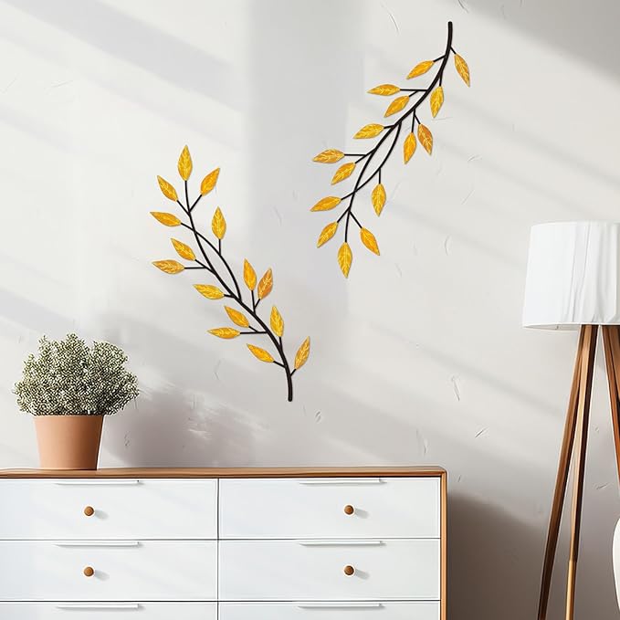 LWHZHE 2 Pieces Vintage Tree Leaf Wall Art Vine Metal Bathroom Wall Decor Olive Branch Wall Decor Living Room Tree Wall Art for Outdoor Hallway Kitchen Garden (Yellow)