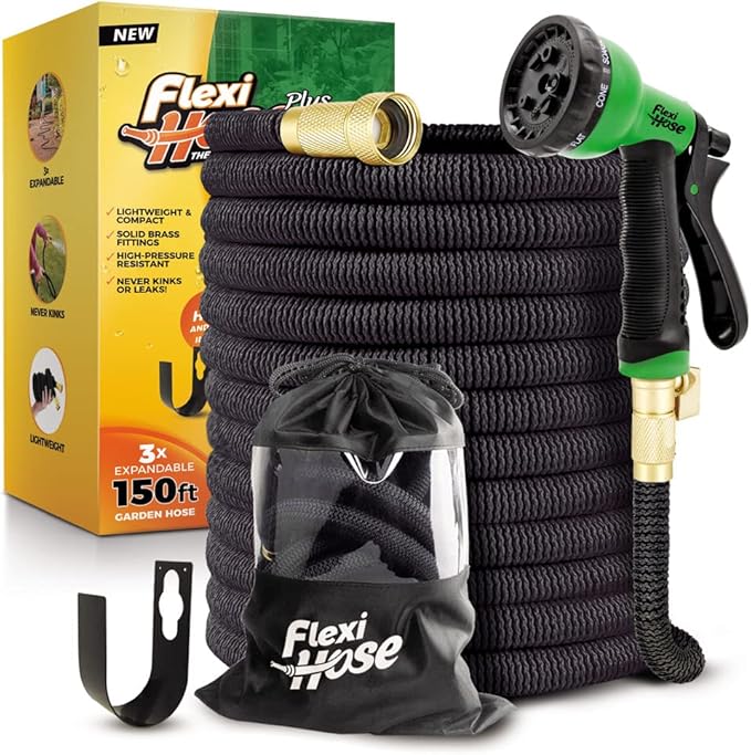 Flexi Hose Plus Expandable Garden Hose with 8 Function Nozzle, 150FT - Lightweight Retractable Garden Hose, Water Hose - No-Kink Flexibility, 3/4 Inch Solid Brass Fittings Includes Hook & Bag
