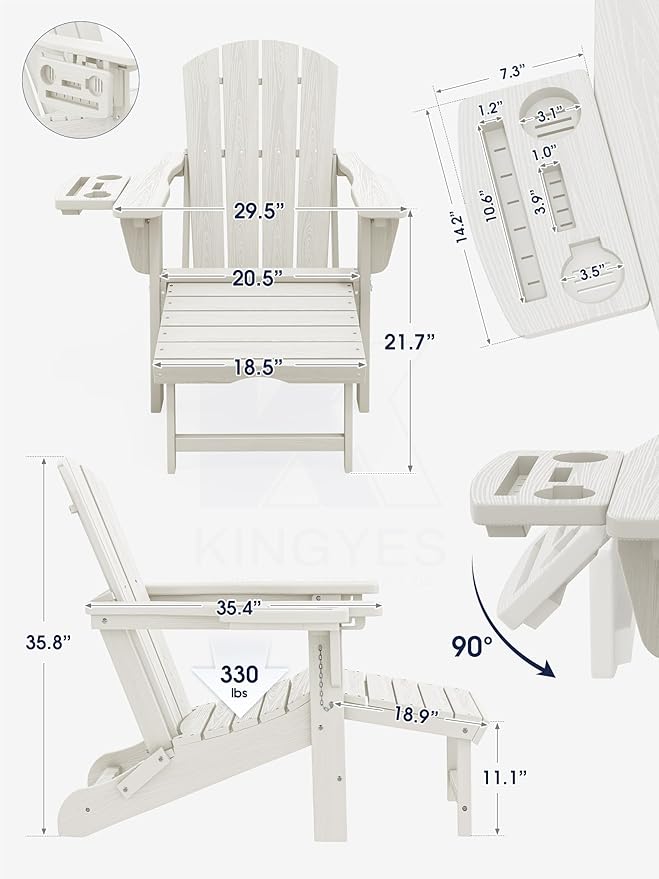 KINGYES Adjustable Folding Adirondack Chair with Footrest & 4-in-1 Multi-Functional Armrest Organizer Set of 4, HDPE Foldable Recliner Adirondack Chair with Pull-Out Ottoman, White