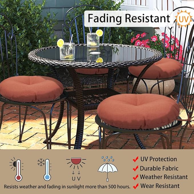 Magpie Fabrics Outdoor Round Bistro Seat Cushions with Ties, 15"x15"x4" Set of 2, Tufted Waterproof Barstool Chair Pads for Patio Home Garden Office, Coral