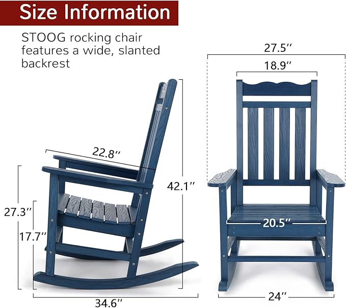 Stoog All-Weather Patio Rocking Chairs Set of 2 with Table, 3 Piece Patio Furniture Set, Never Fade or Rot, for Backyard, Lawn, Garden and Pool, Blue