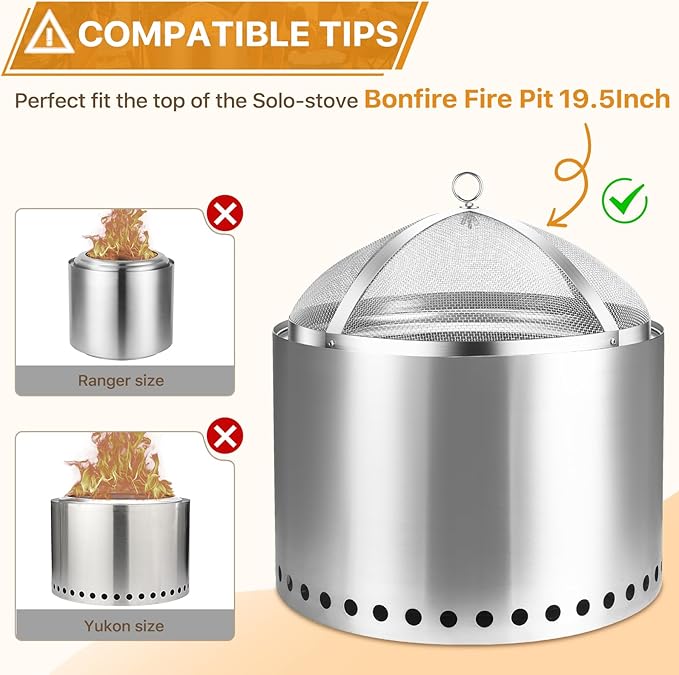 Fire Pit Spark Screen for Solo-Stove Bonfire 19.5", Stainless Steel Bonfire Sheid Accessories with Removal Handle, Firepit Screens Cover Detachable Mesh Lid for Backyard, Beach, RV Camping