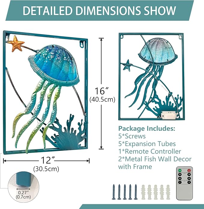 LIFFY Metal Jellyfish Wall Decor with Frame-Outdoor Wall Art,Jellyfish Wall Decor with LED Fairy Light,Glass Art Wall Sculpture, Wall Decor for Pool,Beach Wall Hanging, Home Gifts(2pcs, Blue)