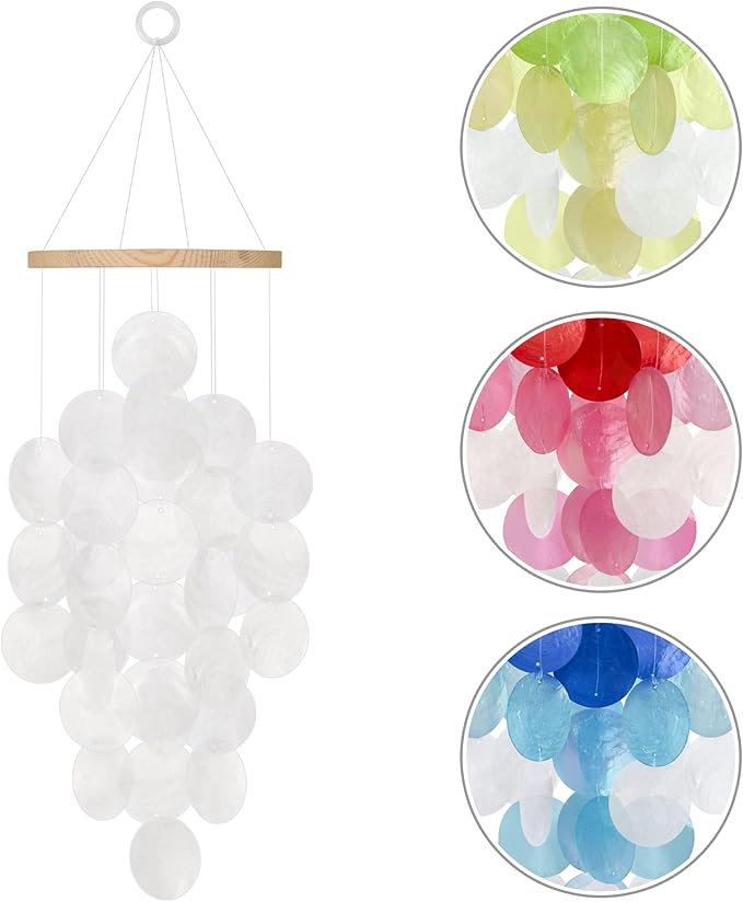 Wind Chimes for Outside, Handcrafted White Capiz Shells Windchime Coastal Style Decor for Indoor/Outdoors, Garden Decors, Great Gift for Women, Beach Hanging Decor, Wind Chimes Lovers and More