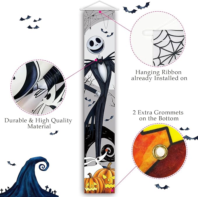Jack Sally Banners Porch Signs Halloween Decor Christmas Nightmare Hanging Banner Halloween Decorations Outdoor Horror Poster for Indoor Spooky Pumpkin Ghost Door Sign Before Party Banner Wall Art Wallpaper