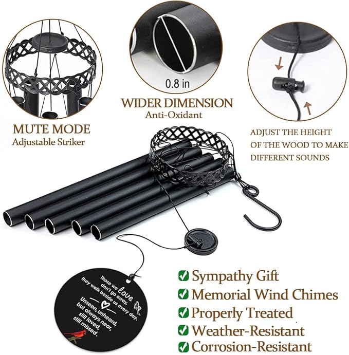 Cardinal Memorial Wind Chimes for Outside,Sympathy Windchime for Loss of Loved One,Sympathy Memorial Gifts in Memory of Mother Father Mom Husband Dad Son,Bereavement Wind Chimes Outdoor Deep Tone