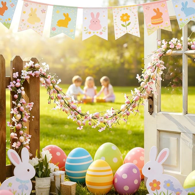 6 Ft Artificial Easter Garland Easter Pink Egg Flower Berry Garland Decorations Spring Flower Garlands with Pastel Eggs and Mixed Twigs for Fireplace Mantel Indoor Outdoor Home Party Door Wall Decor