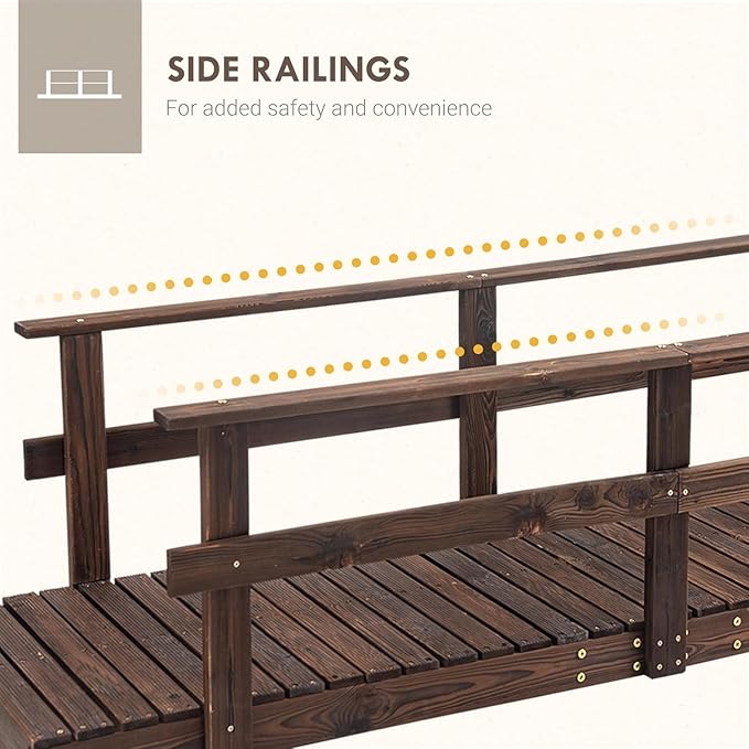 7 ft Pine Wood Garden Bridge with with Safety Rails, Large Wooden Arch Bridge, Decorative Pond Landscaping for Creeks, Streams