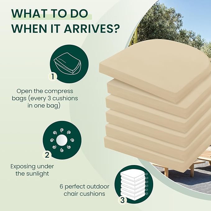 HARBOREST Outdoor Chair Cushions Set of 6, Water Resistant Patio Chair Cushions with Ties, Outdoor Seat Cushions for Patio Furniture, 17"x16"x2", Beige