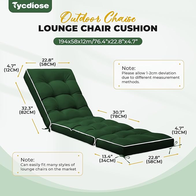 Outdoor Chaise Lounge Chair Cushion, Waterproof Non-Slip Patio Chaise Lounge Cushions for Outdoor Furniture, Thickened Patio Pool Lounger Chair Cushion, 76.4 x 22.8 x 4.7 Inches, Green