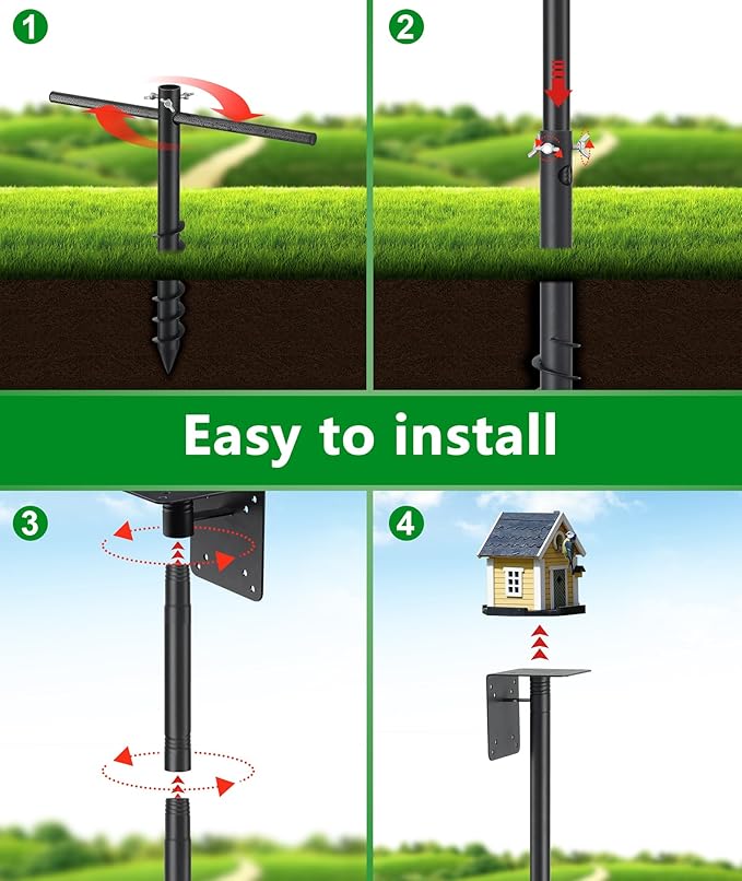 Heavy Duty Bird Feeder Pole - 60 Inch Adjustable Bird House Pole with Auger Base for Easy Install, 1 inch Diameter Metal Outdoor Mount Kit for Bluebird Houses, Hummingbird Feeders & Wildlife Watching