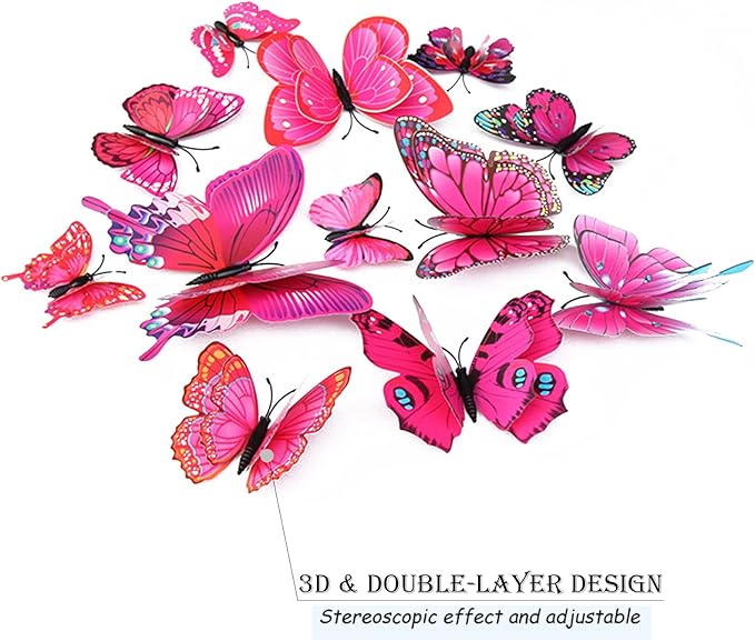 Butterfly Wall Decor 72 PCS, 3D Butterflies Stickers for Party Decorations with Magnets (Purple&red, 72)