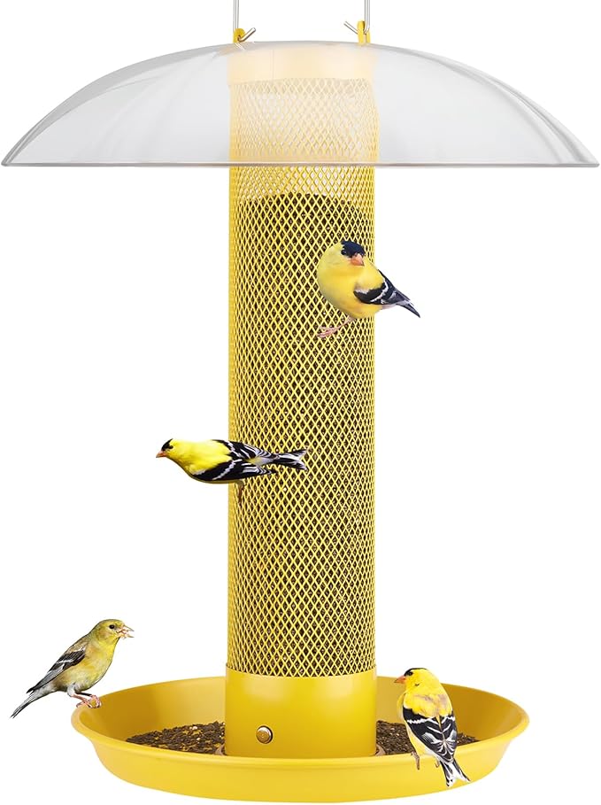 Kingsyard Finch Bird Feeder for Outdoors Hanging, Metal Mesh Tube Bird Feeders for Thistle & Nyjer Seed, Large Removable Tray & Rainproof Dome, 2.5 lbs Seed Capacity, Yellow