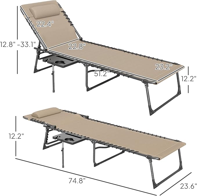 Outsunny Folding Chaise Lounge Chair Outdoor Tanning Chair with Side Table, 5-Level Adjustable Beach Lounge Chair with Headrest, Side Pocket for Patio, Backyard, Beach, Poolside, Beige