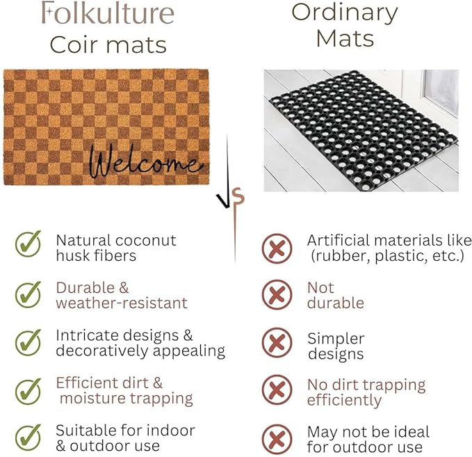 Folkulture Welcome Matt Outdoor | 16 x 28 Door Mats for Front Door Mat Outside Entrance | Eco Friendly | Welcome-Mats Cute | Checkered Coir Door Mats | Outdoor Decor for Home | Durable & Anti Slip