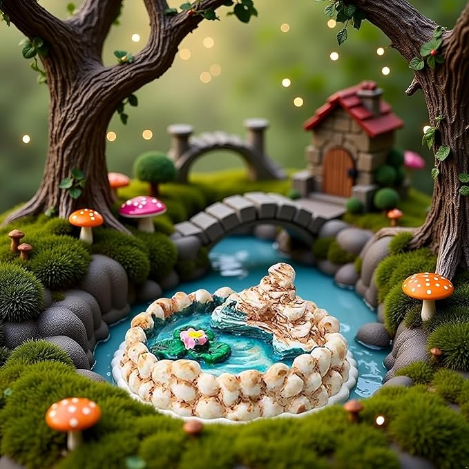 Miniature Fairy Garden Decor Set - Weather-Resistant Resin Lotus Pond and Lighthouse Sculptures with Water Well and Bridge, Outdoor Miniature Landscape Ornaments for Patio, Pond and Lawn