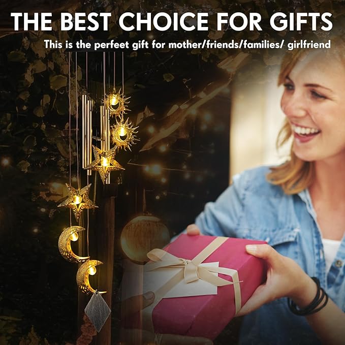 Solar Wind Chimes for Outside Waterproof Hanging Wind Chimes Lights Outdoor Decor Yard Garden Gifts for Mother Mom Grandma Wife Neighbors(Sun Moon Star,Warm Colored Lights)