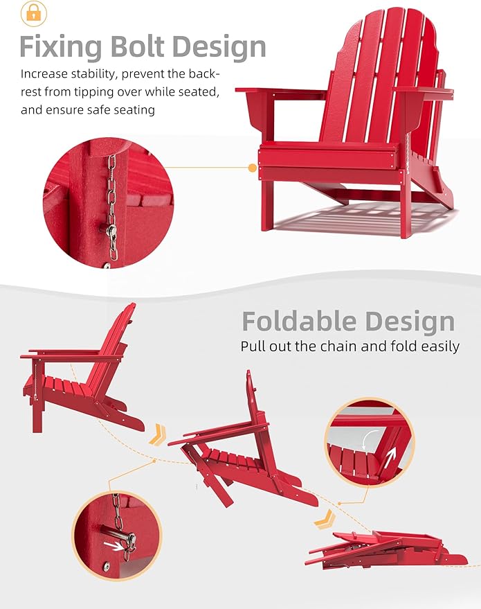 Folding Adirondack Chair - Durable HDPE Poly Lumber All-Weather Resistant, Foldable Oversized Balcony Porch Patio Outdoor Chair for Lawn, Backyard, Deck, Garden, Camping - Easy Installation, Red