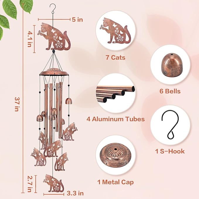 Cat Wind Chimes for Outside,Cat Gifts for Women/Men/Sympathy Gift/Memorial/Festival Birthday Gifts Metal windchimes Outdoors/Indoors,Patio,Garden Decor,Yard Decor,Porch