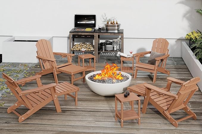 GREENVINES Adjustable Adirondack Chair with Retractable Ottoman Set of 2 | Folding | 2 Cup Holders | HDPE Plastic | Fire Pit Chairs w/Foot Rest | Teak | for Outdoor Poolside Patio Deck