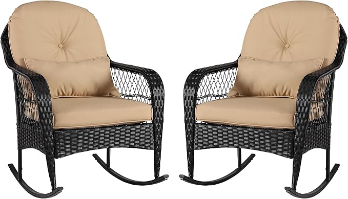 Outdoor Wicker Rocking Chair, 2 Piece PE Rattan Rocker Set with Cushion & Pillow, Outdoor Rocking Furniture for Garden, Porch, Backyard, Poolside (Black Rattan+Khaki Cushion)