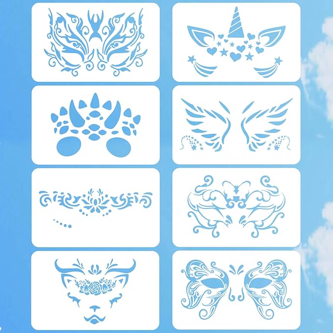 8 PCS Carnival Face Stencils Reusable Face Paint Templates for Kids Adult Tattoo Painting Stencils Unicorn Pattern Carnival Party Supply Wood Wall DIY Art Furniture Home Decoration, 7.9 x 4.7 Inch