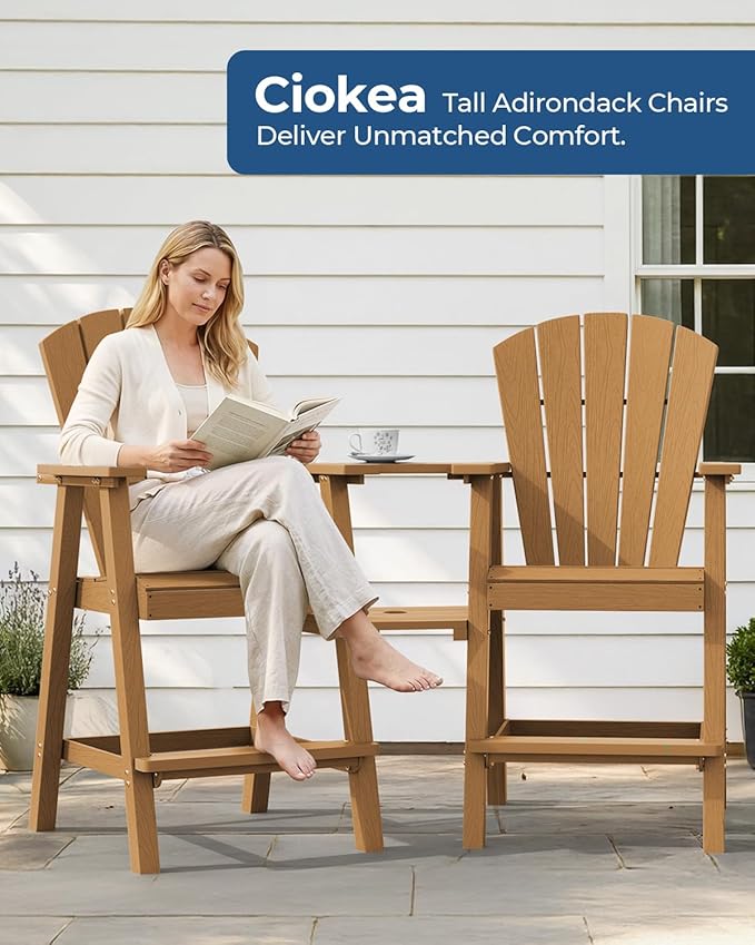 Ciokea Tall Adirondack Chairs Set of 2, HDPE Outdoor High Back Adirondack Chair with Double Connecting Tray, Weather Resistant Balcony Chairs for Deck, Lawn, Pool, Backyard, Teak