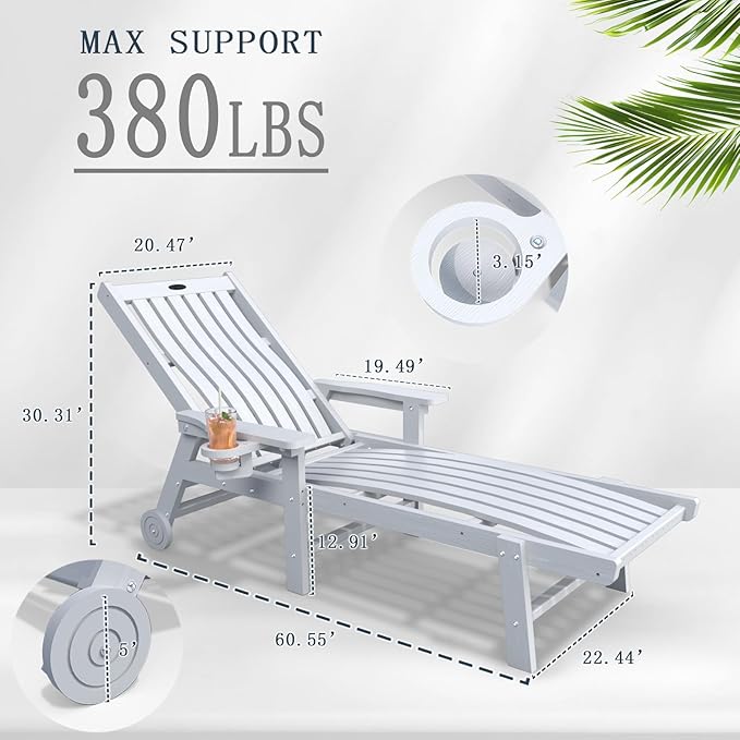 Patio Chaise Lounge Chair Set of 2, Oversized Lounge Chair Outdoor with 5 Positions, HDPE, Patio Lounge Chair with Wheels & Cup Holder for Pool, Deck, Poolside,White