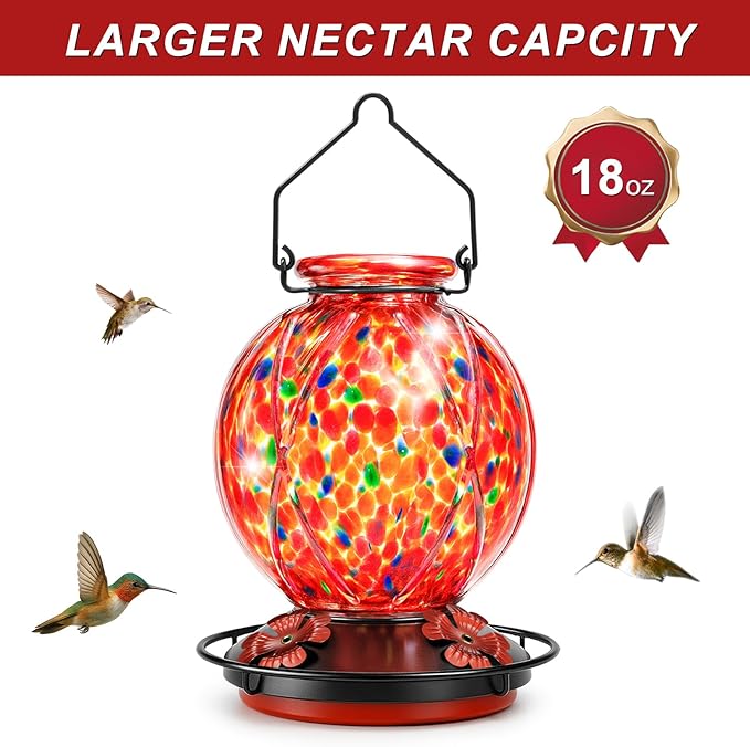 Hummingbird Feeders for Outdoors – 18 oz Hand Blown Glass Bird Feeder, Leakproof, Easy to Fill & Clean, Decorative Hanging Gift for Garden, Patio, Window, Mom or Gardener
