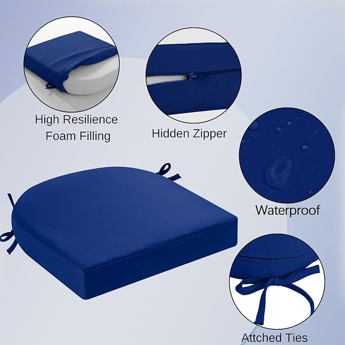 idee-home Outdoor Chair Cushions Set of 4, Thick 19" x 19" x 2" Outdoor Seat Cushions Patio Furniture Waterproof with Ties, Dining Pads