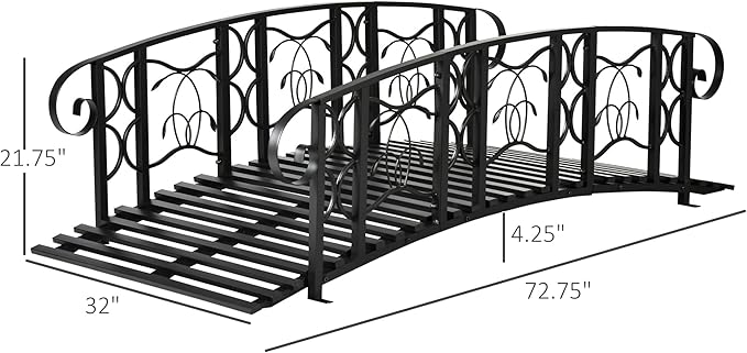 Outsunny 6' Metal Arch Backyard Garden Bridge with 660 lbs. Weight Capacity, Safety Siderails, Vine Motifs, Easy Assembly for Backyard Creek, Stream, Pond, Black