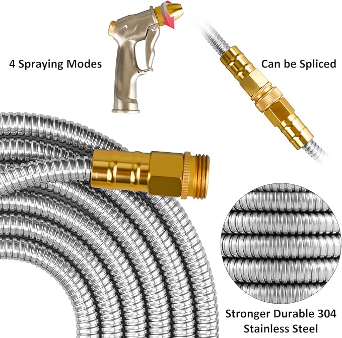 125ft Garden Hose Made by Metal with Super Tough and Soft Water Hose, Household Stainless Steel Hose, Durable Mighty Garden Hose with 4 Spraying Modes Adjustable Nozzle, No Kinks and Tangles