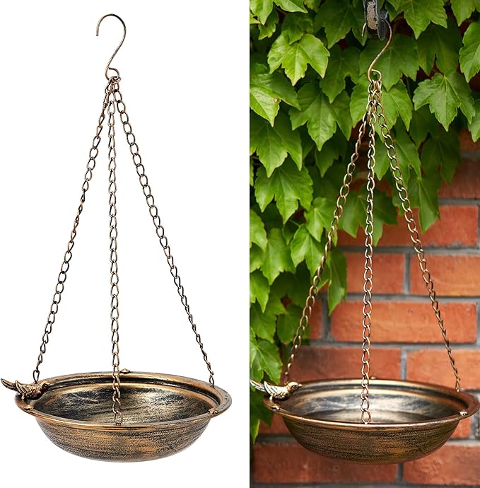 Metal Hanging Bird Baths for Outdoors,Outdoor Bird Feeder,Backyard, Patio Garden Yard Decoration (Gold)