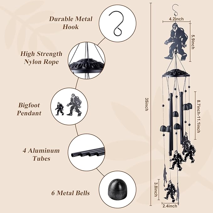 Bigfoot Gifts for Men and Women, Metal Bigfoot Wind Chimes with 6 Chimes and 4 Aluminium Tubes, Sasquatch Gifts for Outside Home Lawn Porch Patio Garden Decor, Yard Decoration(Black)