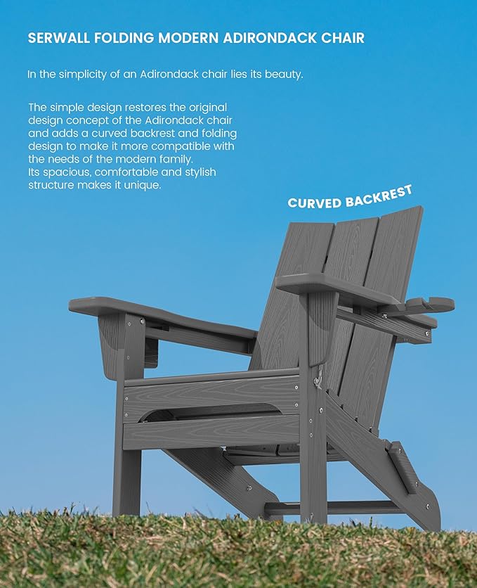 SERWALL Modern Folding Adirondack Chair Set 4, Outdoor, Relaxing, Grey, Polyethylene, Wood Finish, Arm Rest, Cup Holders
