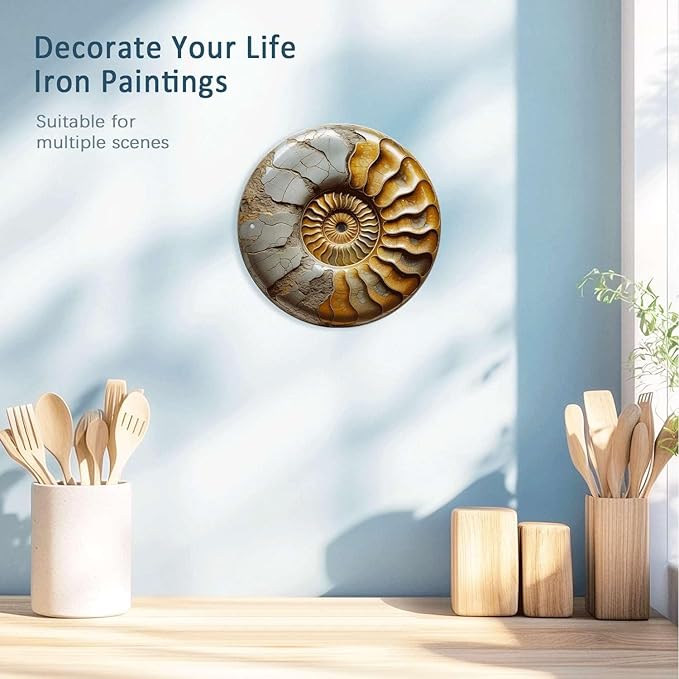 Nautilus Shell tin sign, Vintage Ammonite Fossil metal sign Print Aesthetic Room Decoration for Home Bedroom Bar Cafe Garden and Outdoor Round Wall Decor (12 inch)