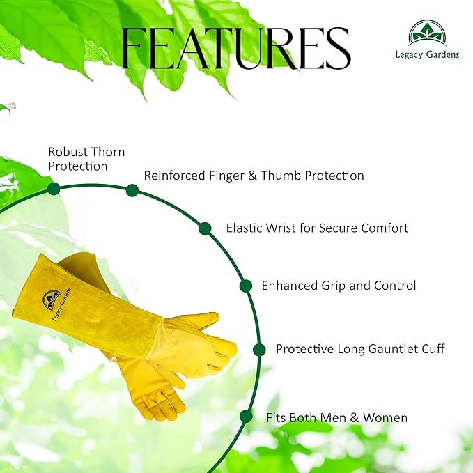Leather Gardening Gloves for Women & Men, Long Garden Gloves, Cowhide Gauntlet Rose Pruning Thorn Resistant, Forearm Protection, Small, Yellow