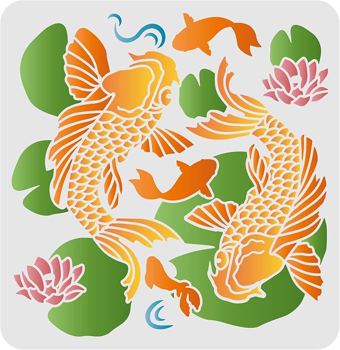 FINGERINSPIRE Koi in Lotus Pond Stencils 11.8x11.8inch Fancy Carps Drawing Painting Stencils Koi Leaping Lotus Leaf Wall Stencils Washable Mylar DIY Art Craft for Painting on Wood, Floor and Tile