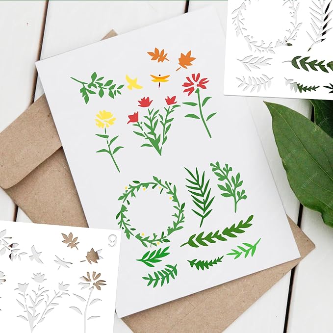 20 PCS Wildflower Stencils for Painting, 6 x 4.7 Inch Reusable Plastic Plant Templates for Painting on Wood Wall, Flowers Leaf Stencils Set for Rock Canvas Drawing Art Tile Home DIY Craft Decor