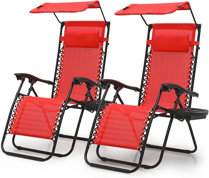 Magshion Zero Gravity Chair with Canopy Set of 2, Reclining Outdoor Patio Lounge Chair, Folding Anti Gravity Recliner, Portable Lounger with Removable Cup Holder Side Tray and Pillow Headrest (Red)
