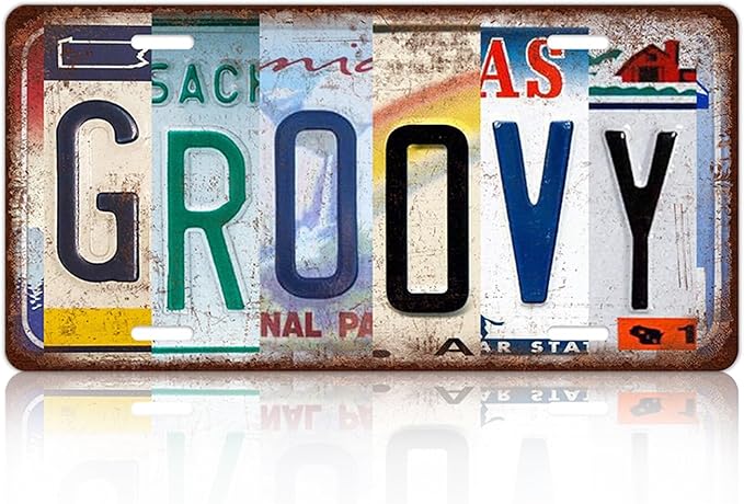 Vintage Groovy Metal Tin Sign License Plate Wall Decor 12 x 6 Inches