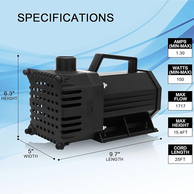 BARST 5000GPH Submersible Water Pump UL Certified Pond Pump with 25FT Cord, 380W High Flow Water Fountain Pump Waterfall Pump For Outdoor Ponds,Fountain, Waterfall, Koi Pond