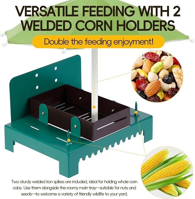 Metal Squirrel Feeder Picnic Table with Umbrella - Heavy Duty Iron Outdoor Chipmunk Feeder, Rust Resistant Corn Cob Holder, Funny Backyard Wildlife Gift for Nature Lovers. (Green)