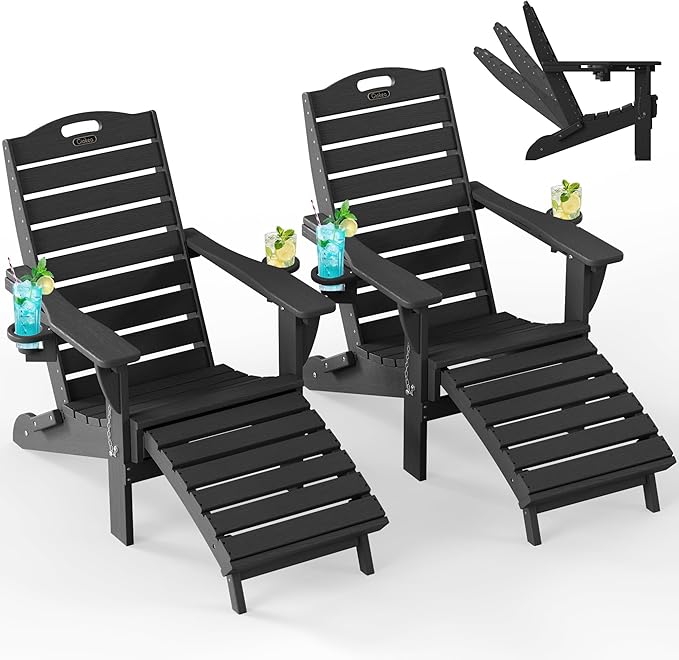 Ciokea Folding Adirondack Chair Set of 2 with Retractable Ottoman, Outdoor Fire Pit Chair with Pull Out Foot Rest Weather Resistant Lawn Patio Chair with 2 Cup Holder (Black)